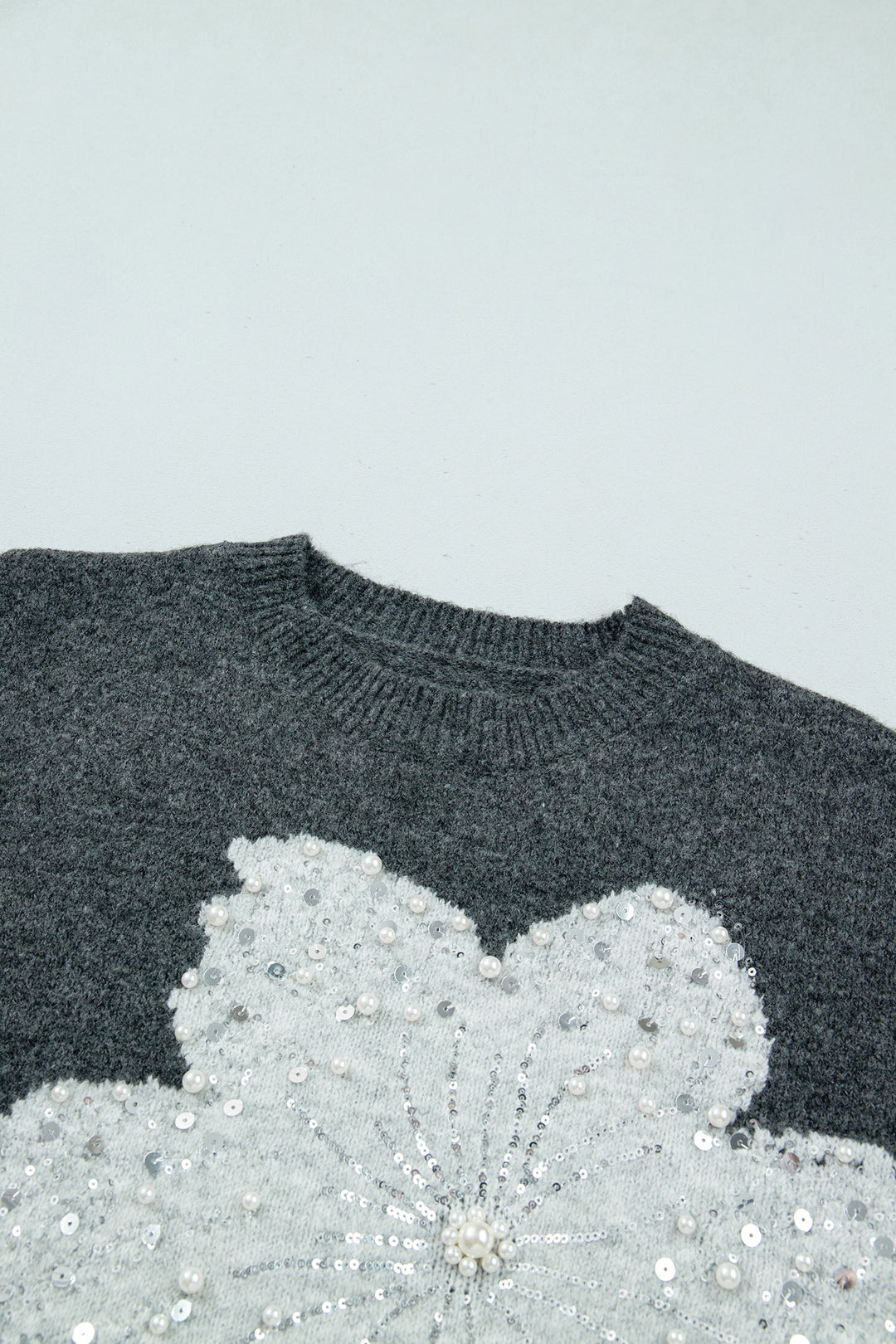 Dark Grey Beaded Floral Accent Casual Round Neck Sweater