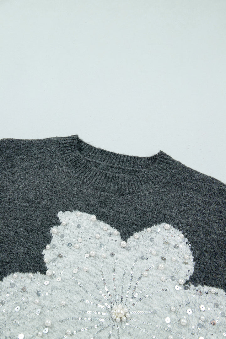 Dark Grey Beaded Floral Accent Casual Round Neck Sweater