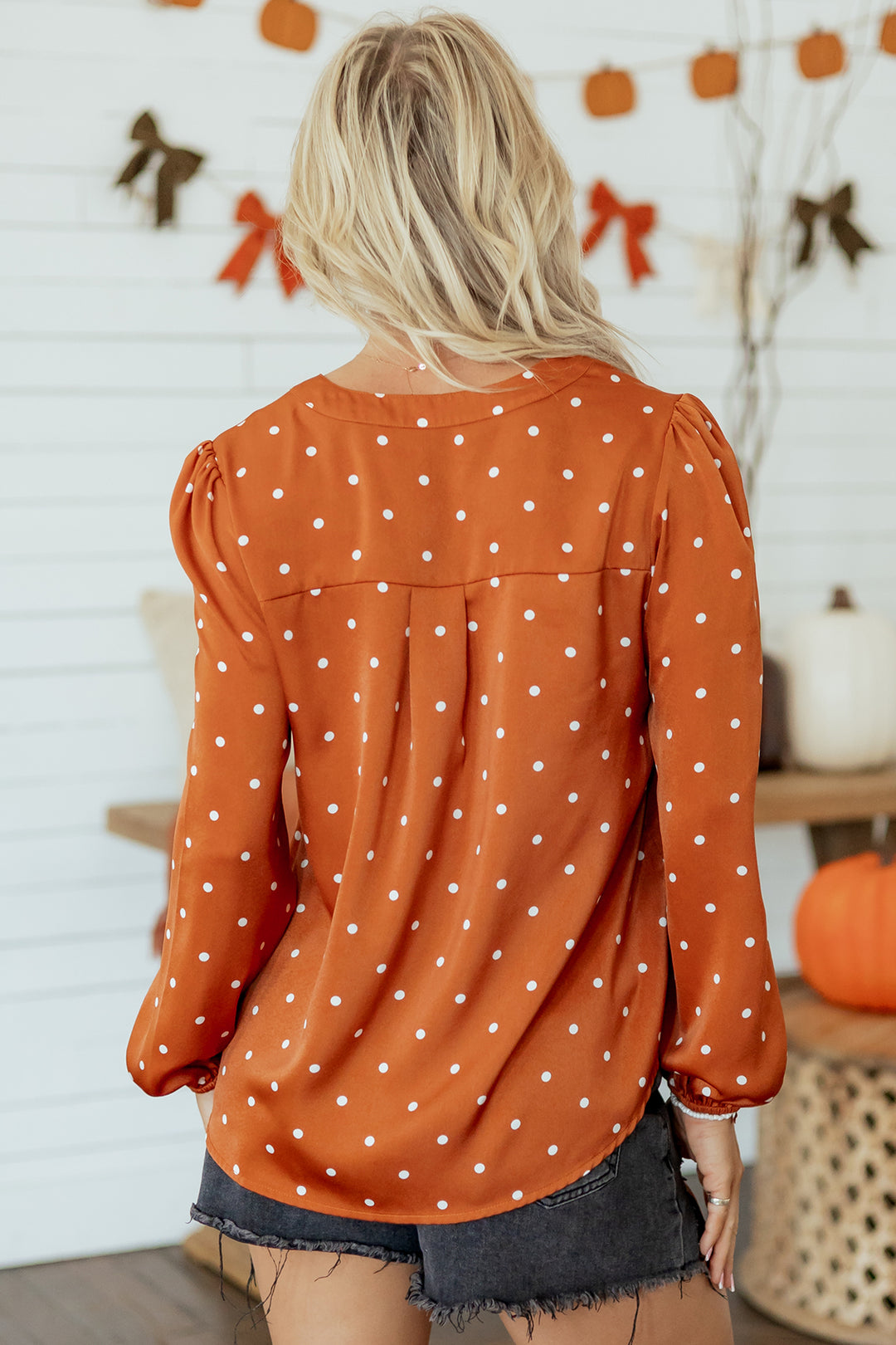 Brown Polka Dot Half Button V Neck Long Sleeve Blouse