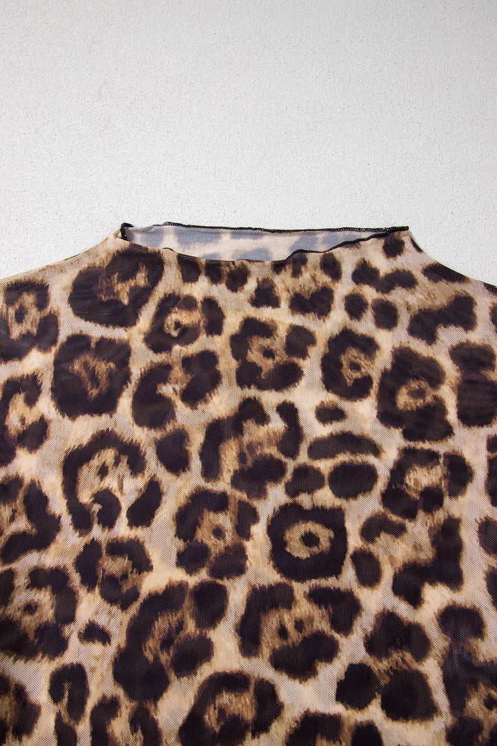 Camel Slim Fit Floral Mesh Long Sleeve Mock Neck Top
