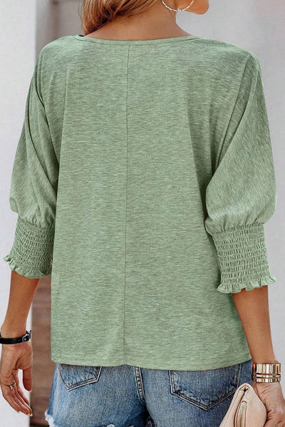 Green Smocked 3/4 Sleeve Casual Loose Top