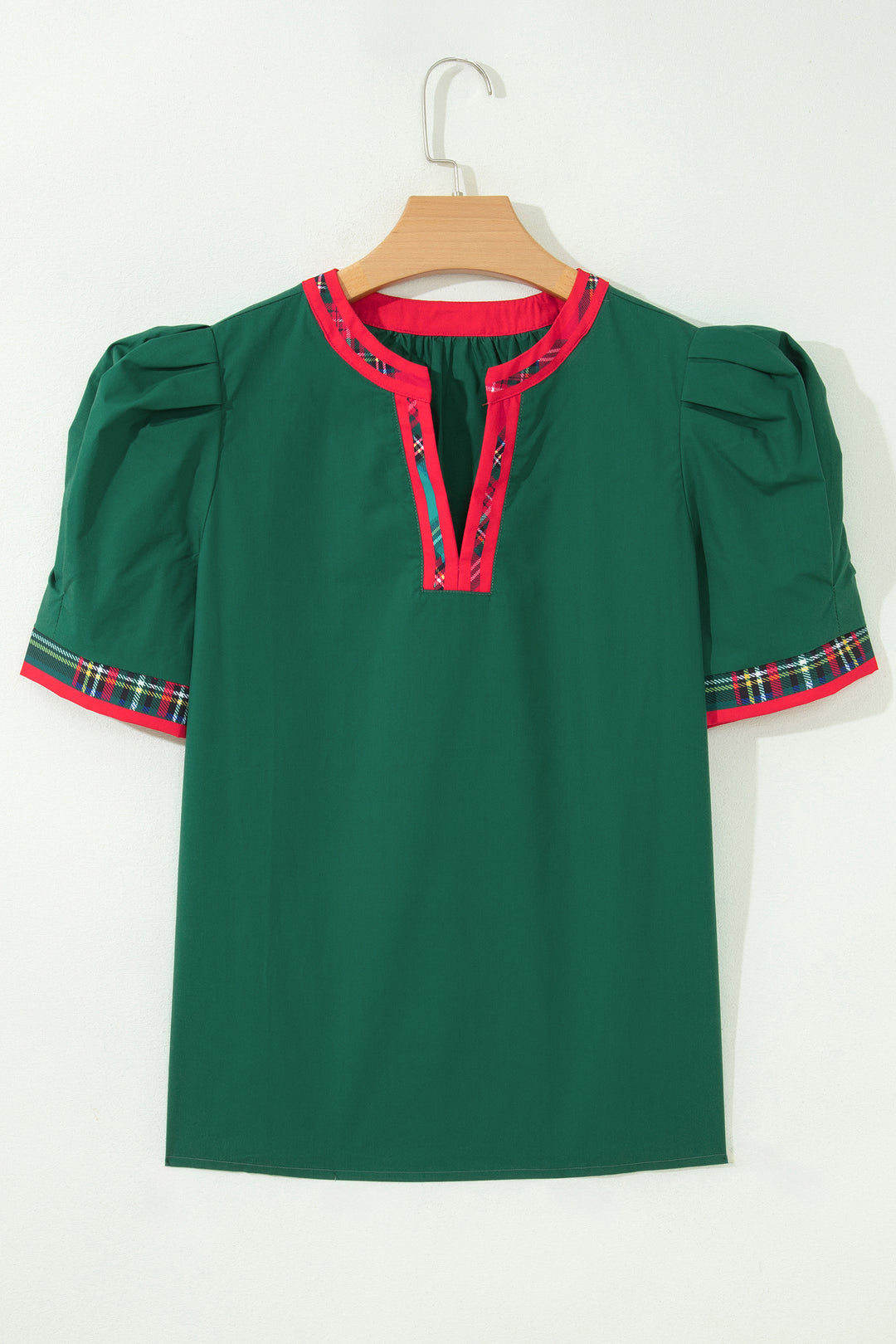 Evergreen Plaid Trim V Neck Short Sleeve Shift Blouse