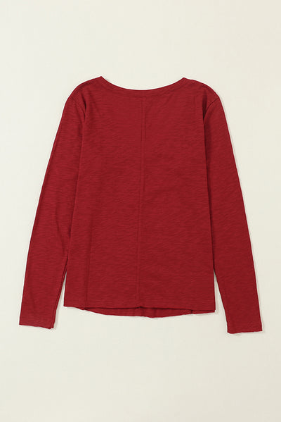 Red Sandalwood V Neck Center Seam Long Sleeve Tee