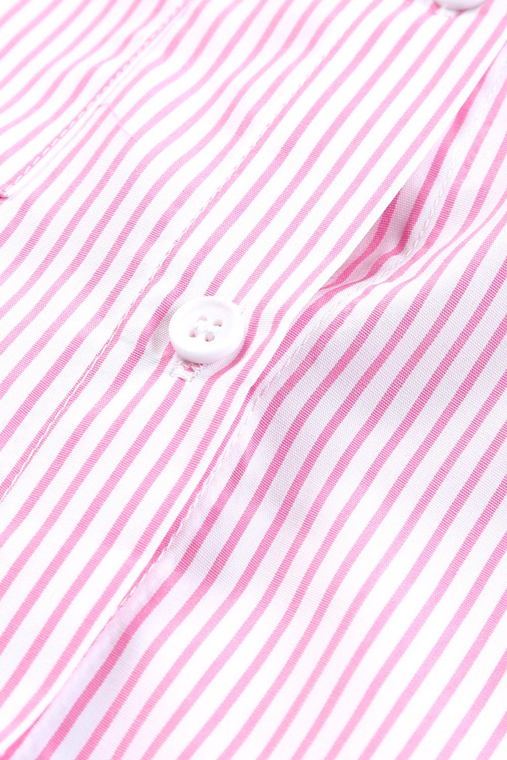 Pink Smocked Cuffed Striped Boyfriend Shirt with Pocket