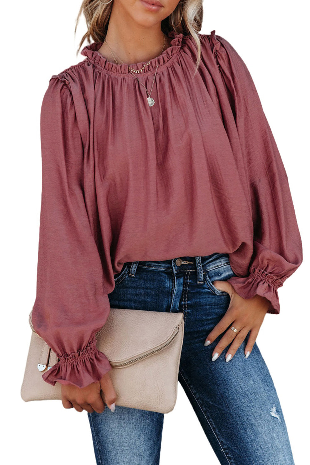 Red Frilled Neck Ruffled Long Sleeve Blouse