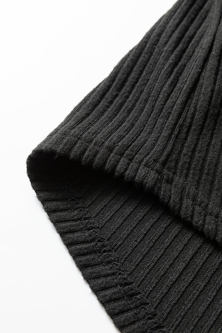 Black Ribbed Notched Neck Knit Long Sleeve Leggings Two Pieces Lounge Set