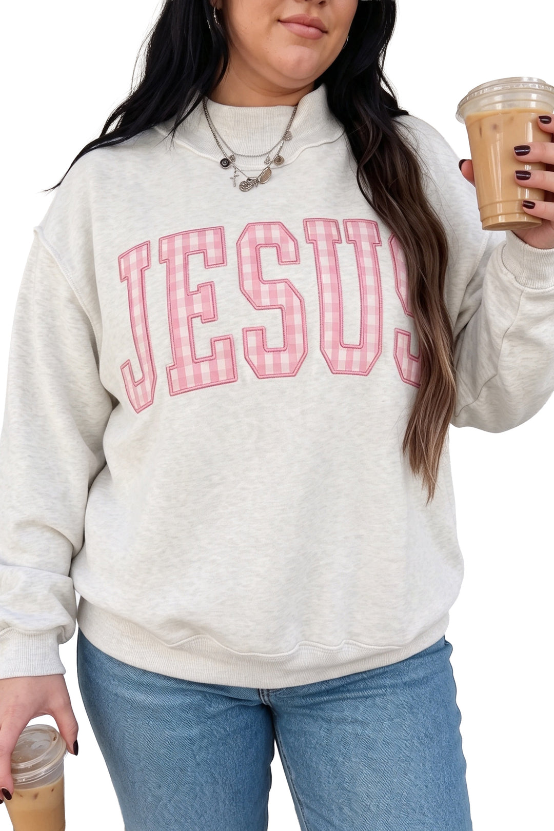Light Grey Polka Dot Letter Print Loose Fit Long Sleeve Plus Size Sweatshirt