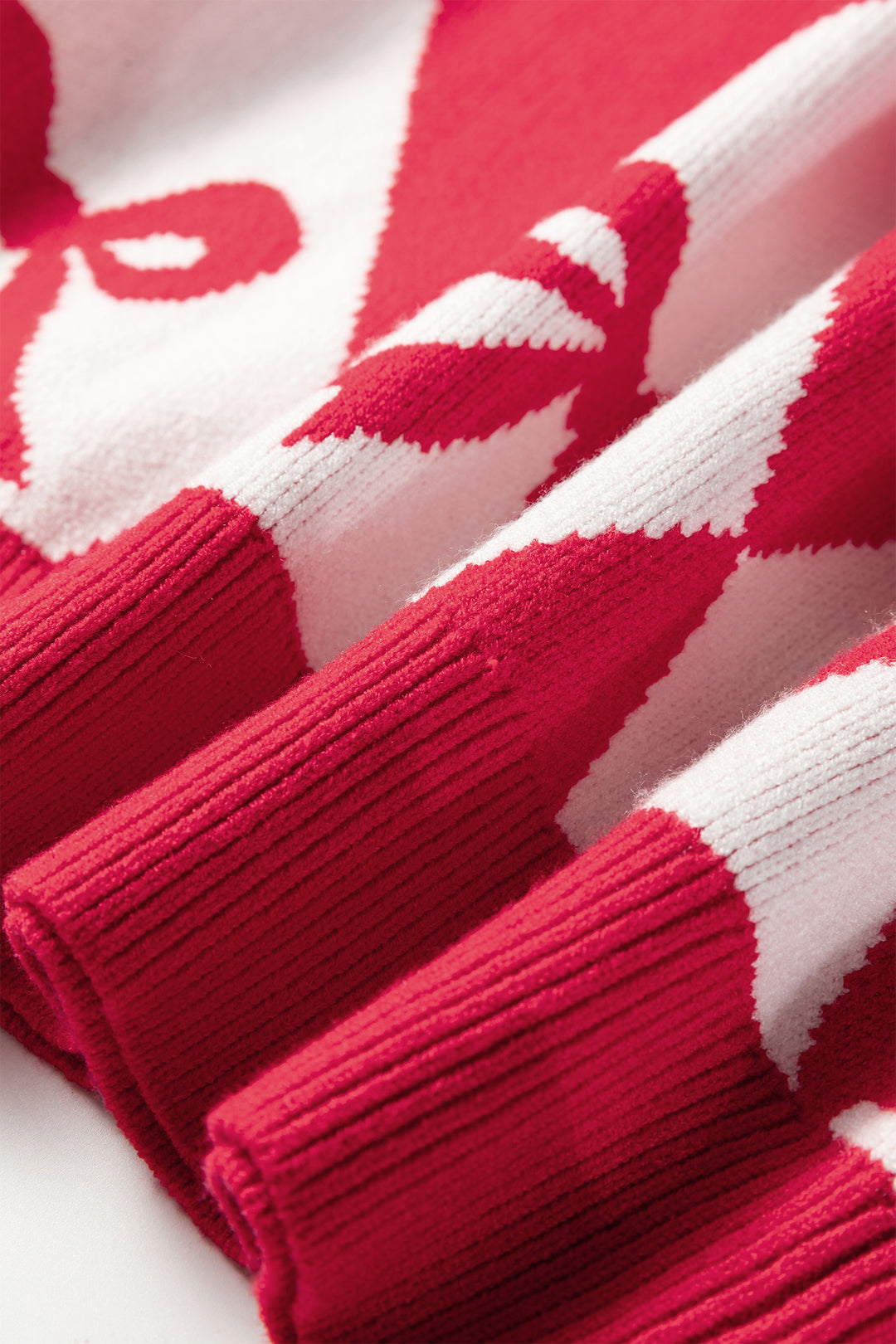 Red Bow Print 2-tone Rhombus Knit Loose Sweater