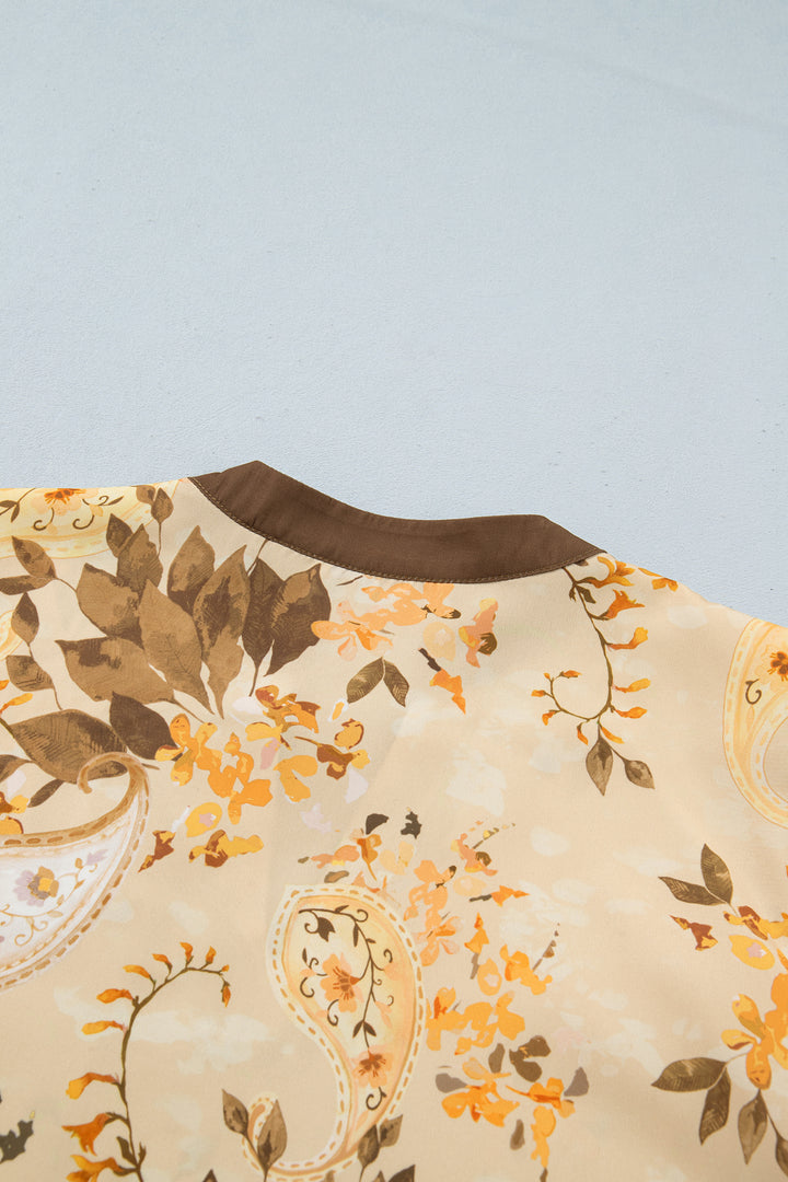 Khaki Paisley Print Tie Neck Long Sleeve Blouse