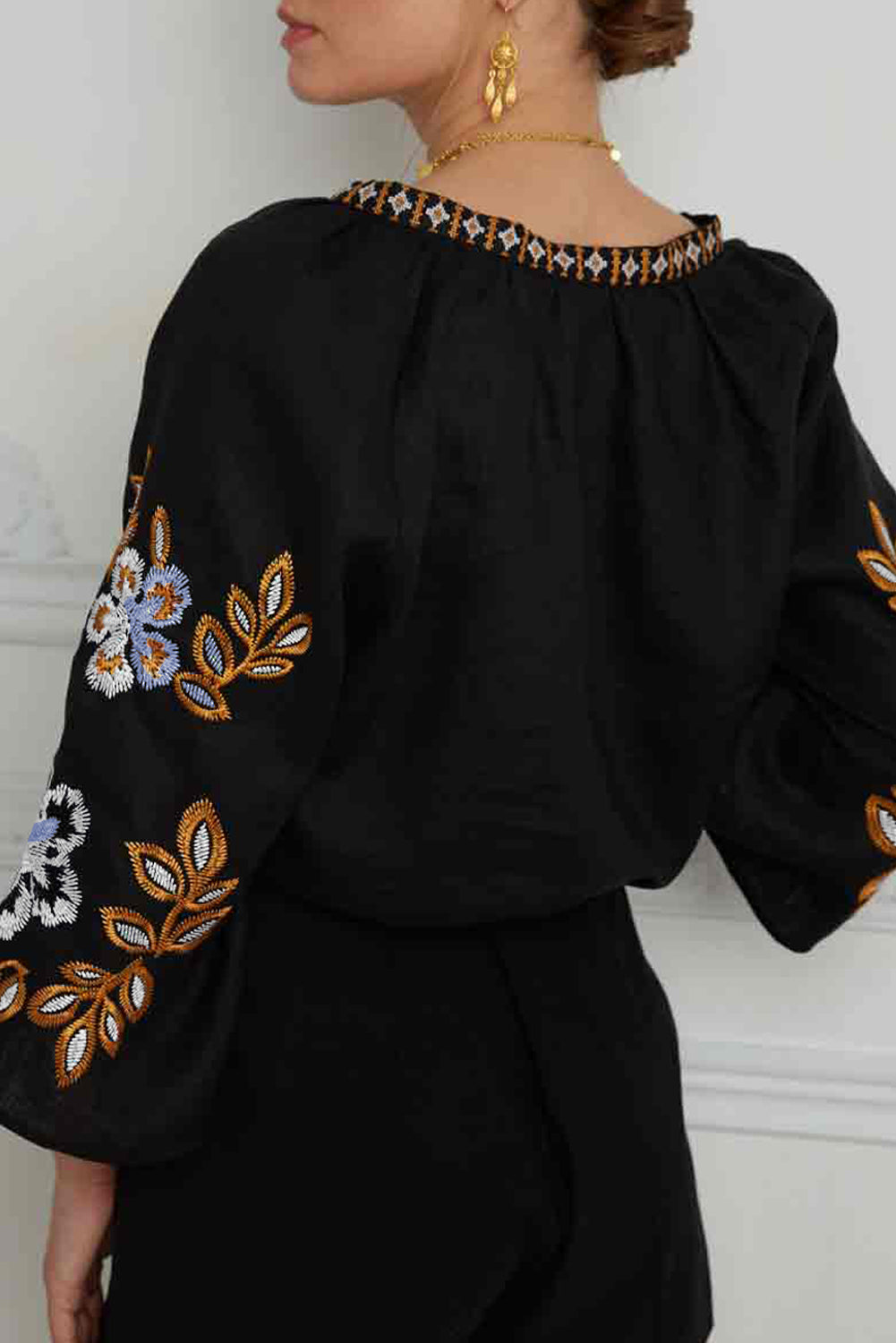 Embroidered V-Neck Three-Quarter Sleeve Blouse