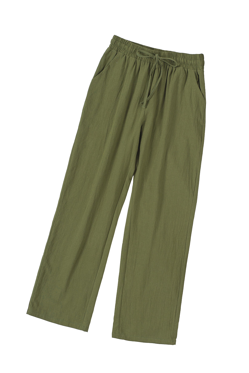 Green Drawstring Elastic Waist Pockets Long Straight Legs Pants