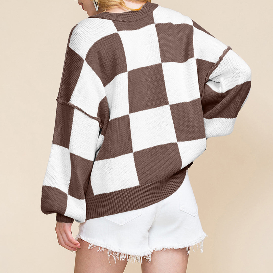 Khaki Checkered Bishop Sleeve Sweater