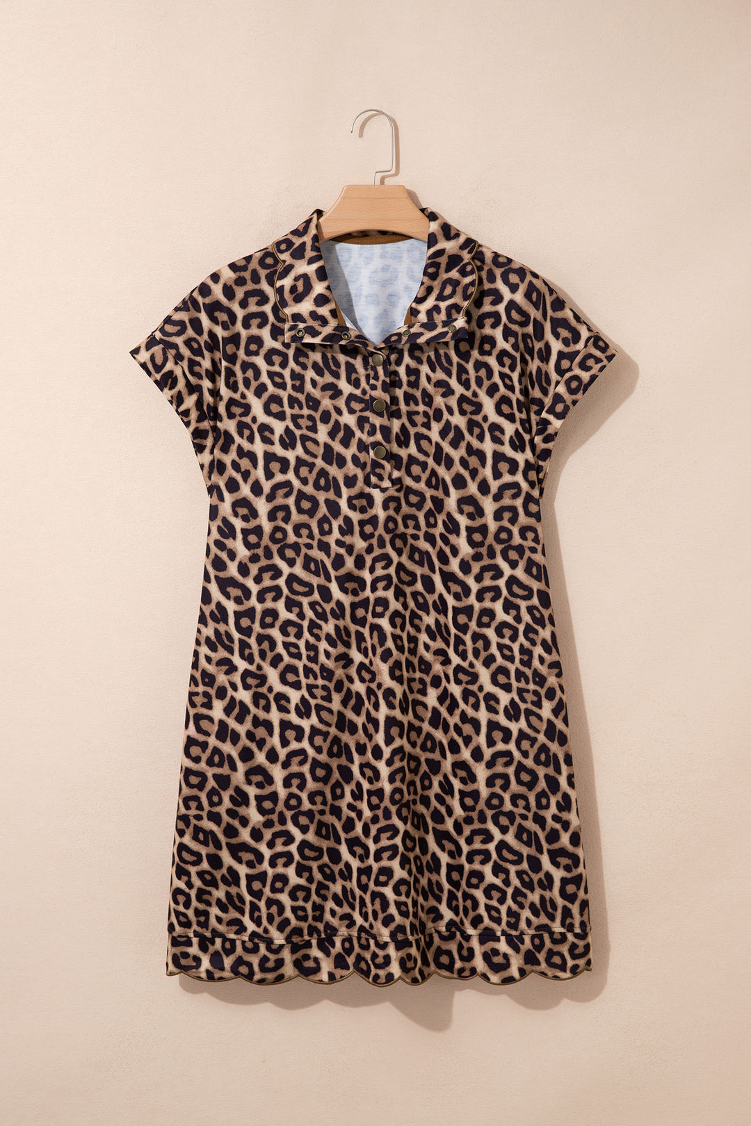 Khaki Buttoned Collar Short Sleeve Shift Leopard Dress with Pockets