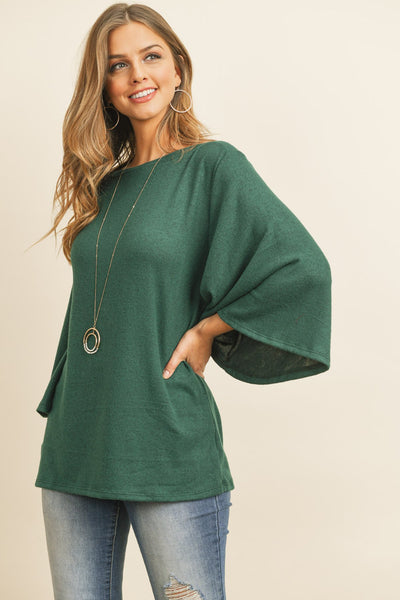 Boat Neck Bell Sleeve Solid Hacci Brushed Top