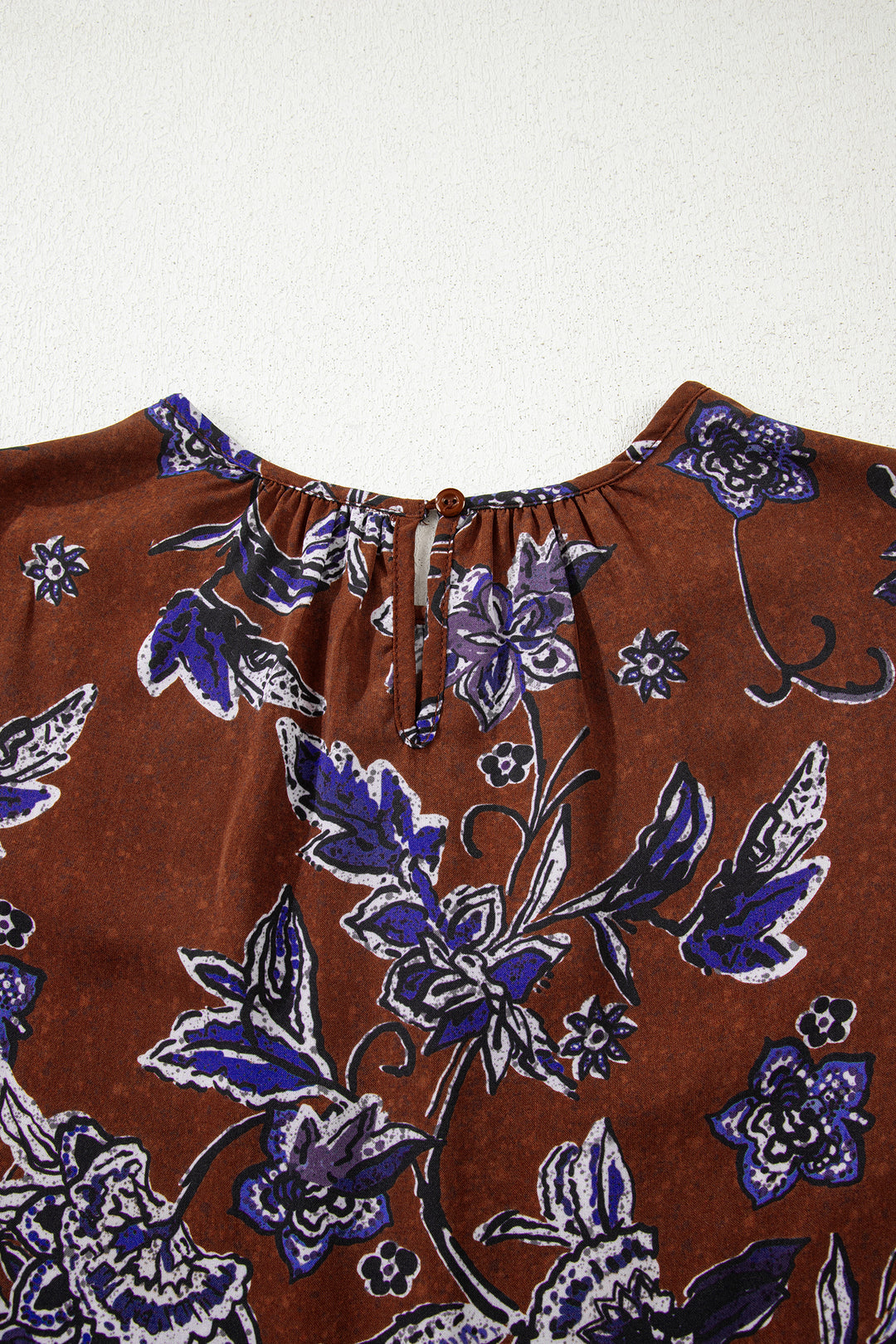 Brown Autumn Floral Print Smocked Cuffs Shift Blouse