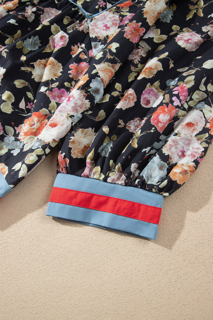 Black Floral Print Contrast Trim Tie V Neck Bracelet Sleeve Blouse