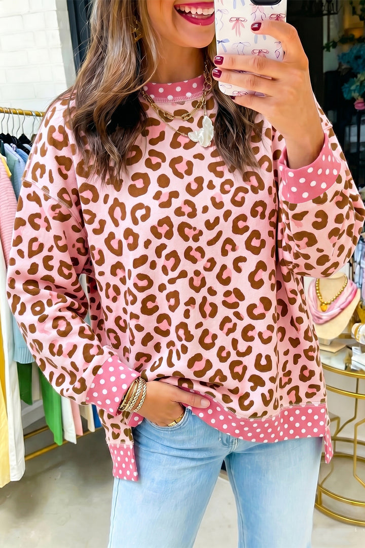 Khaki Leopard Polka Dot Colorblock Trim Long Sleeve Top