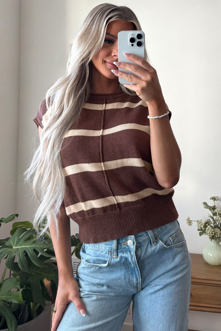 Rose Stripe Knit Western Short Sleeve Sweater