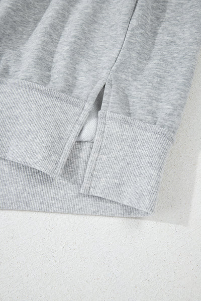 Gray Half Zipper Collared Drop Shoulder Side Slits Sweatshirt