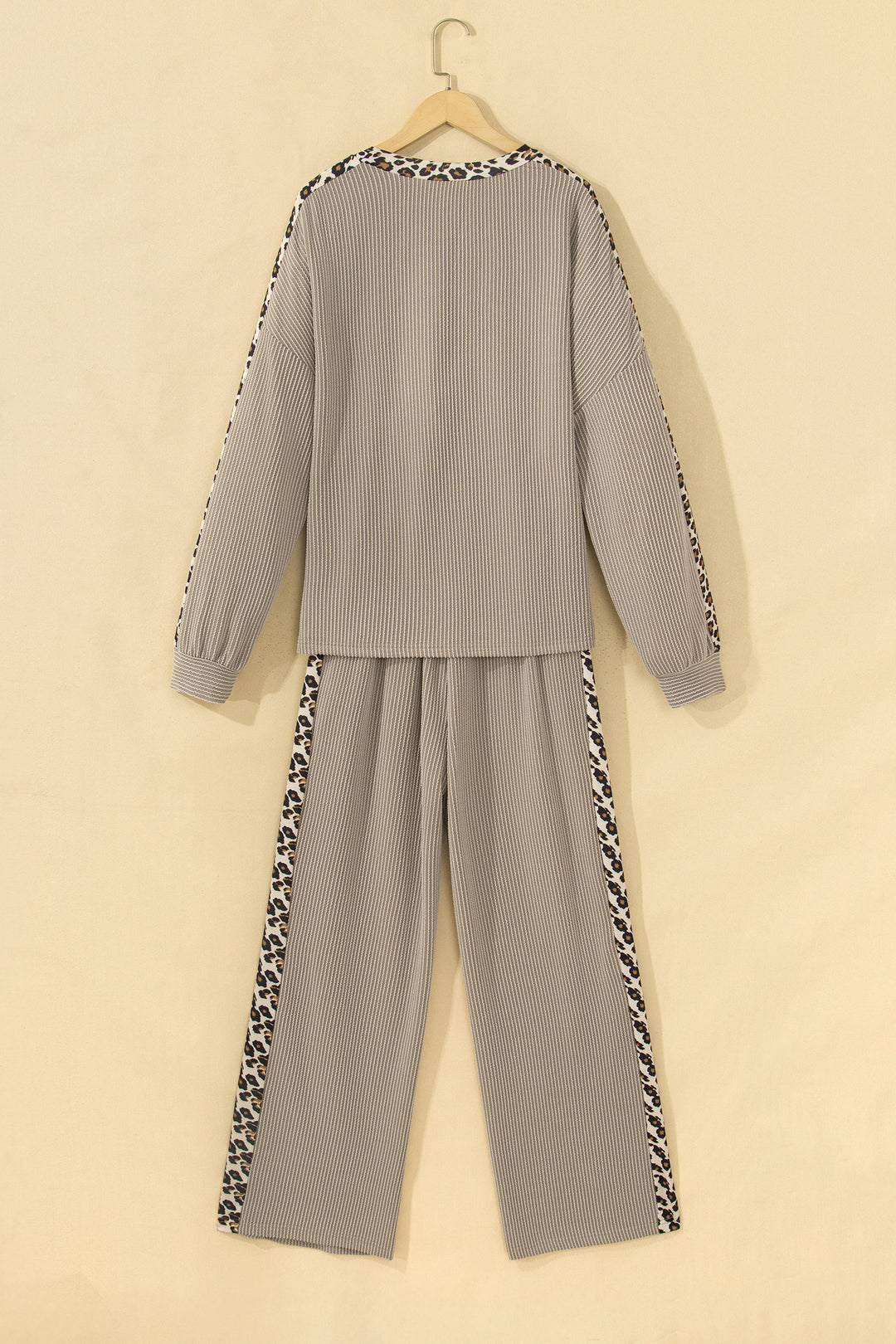 Simply Taupe Cozy Ribbed Patchwork Leopard Trim Long Sleeve 2pcs Pant Set