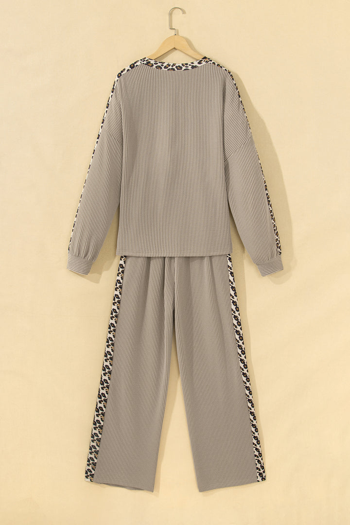 Simply Taupe Cozy Ribbed Patchwork Leopard Trim Long Sleeve 2pcs Pant Set