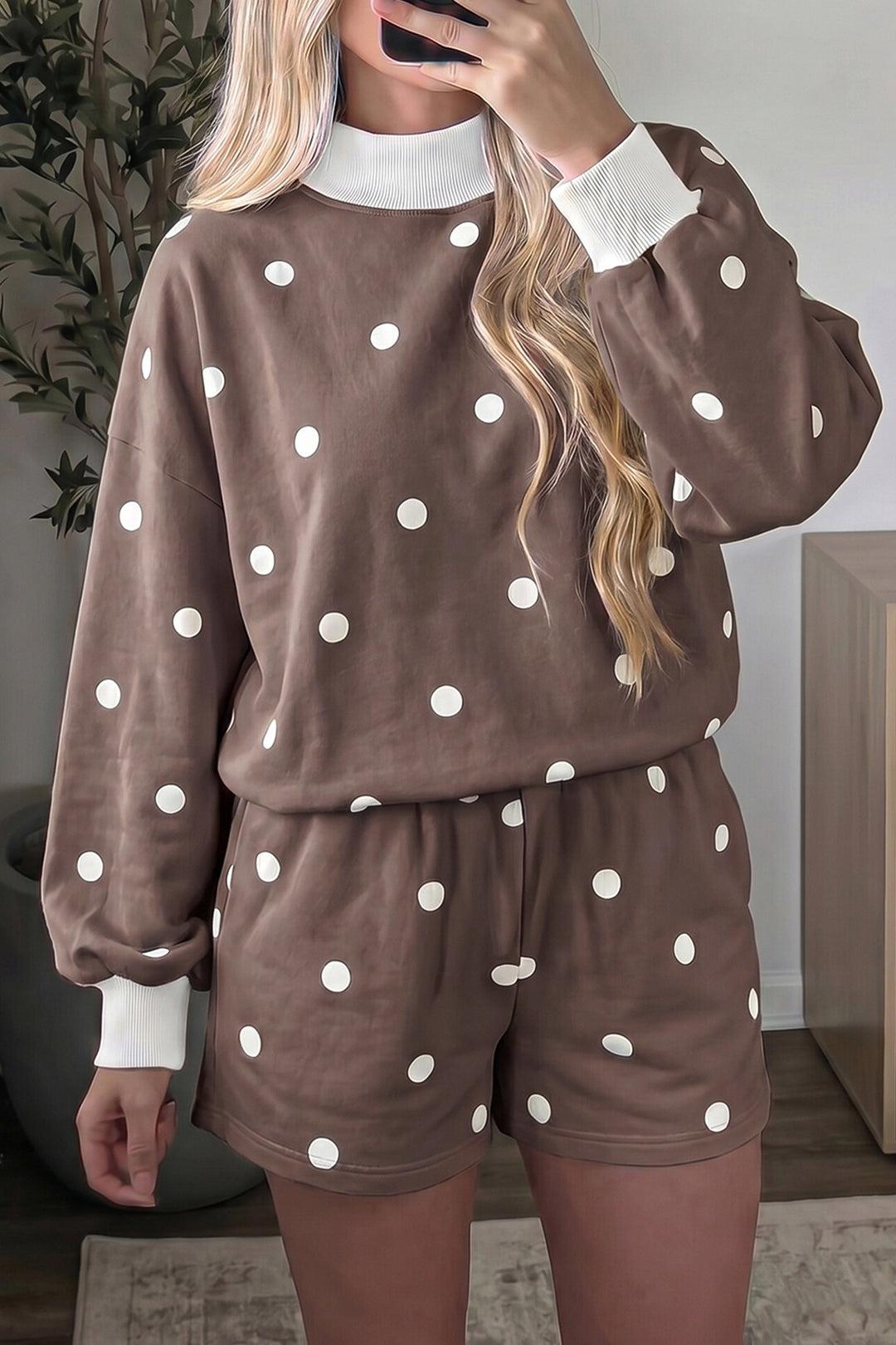 Brown Polka Dot Ribbed Trim Long Sleeve Top Casual Short Set