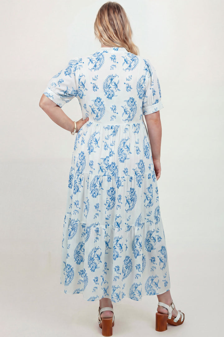 Sky Blue Plus Size Geometric Floral Print Button Split Neck Short Sleeve Maxi Dress