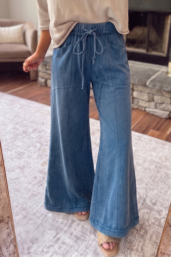Ashleigh Blue Mineral Wash Seam Detail Flare Leg Drawstring Pants