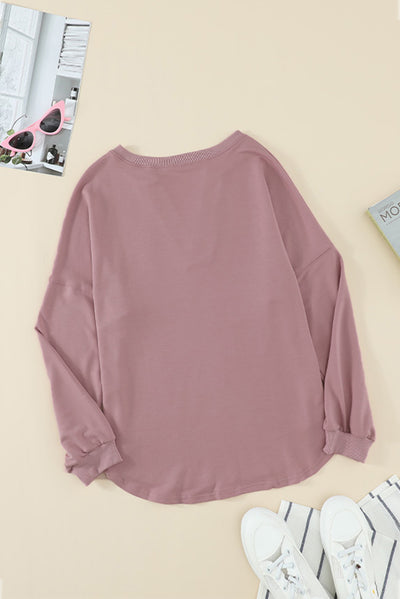 Pink Buttoned V Neck Cotton Loose Fit Top