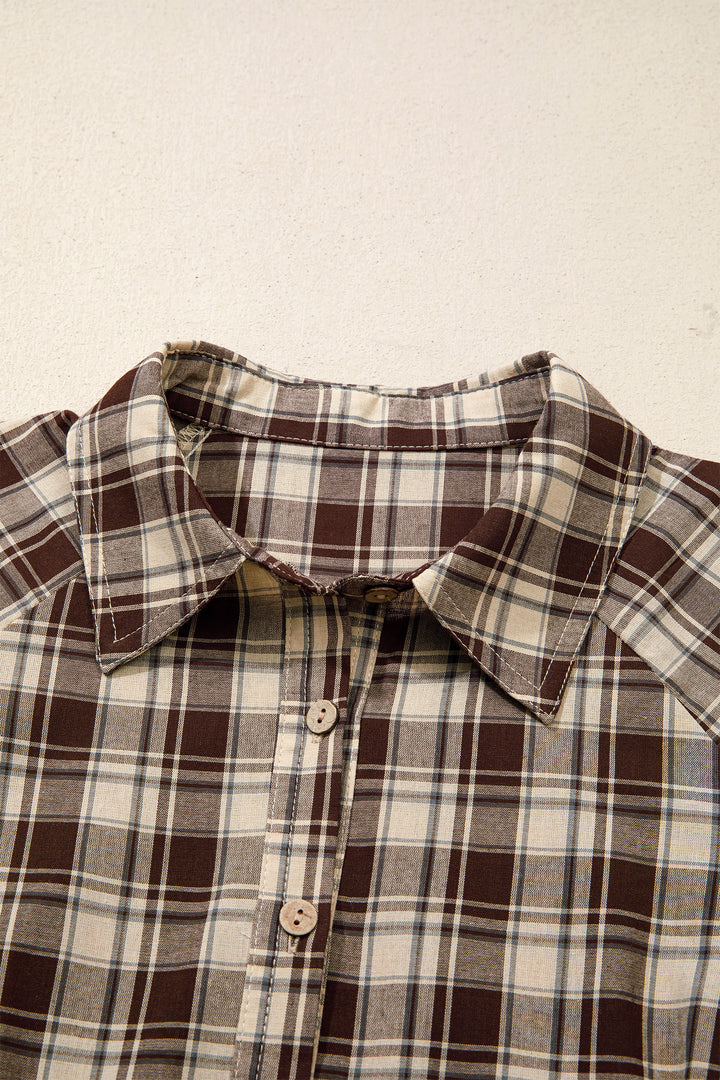 Brown Plaid Long Sleeve Short Shift Mini Dress