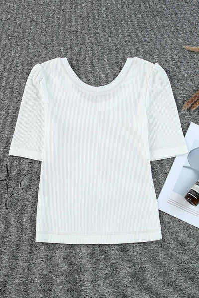 White Round Neck Half Sleeve Ribbed Knit Top