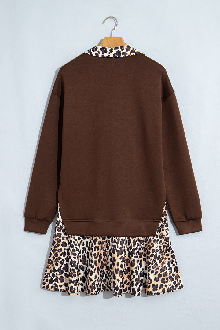 Coffee Leopard Patchwork Collar Long Sleeve Dress