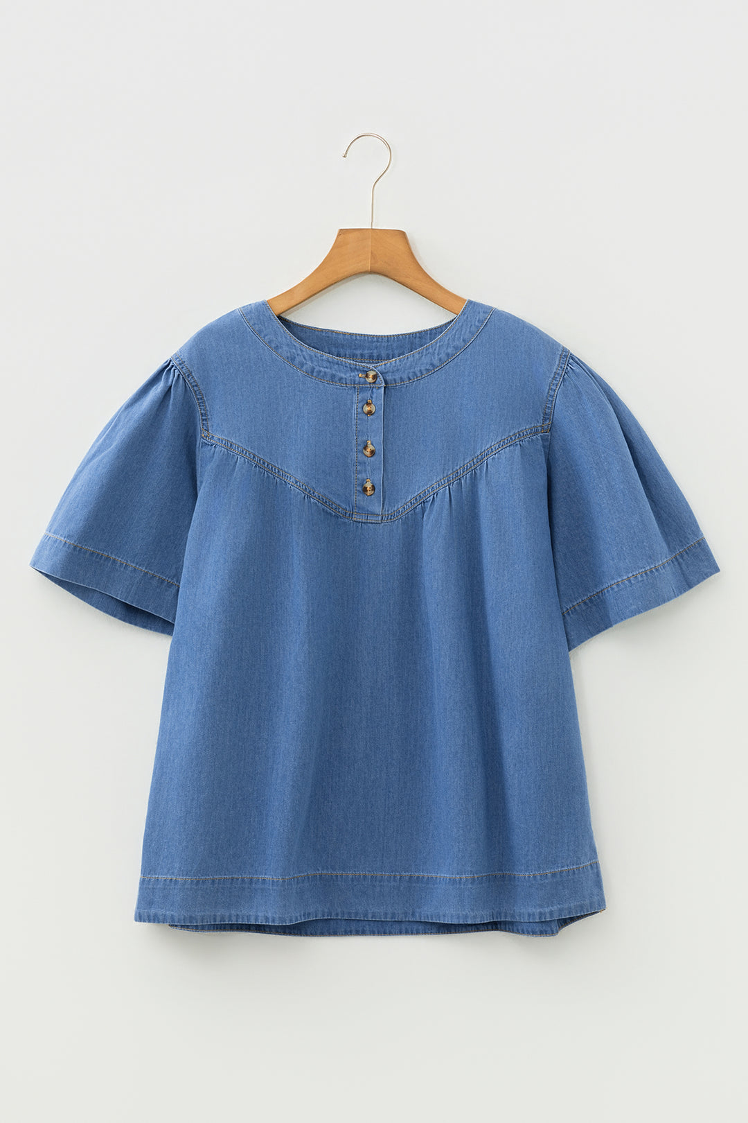 Beau Blue Seam Pleated Detail Half Button Short Sleeve Denim Top