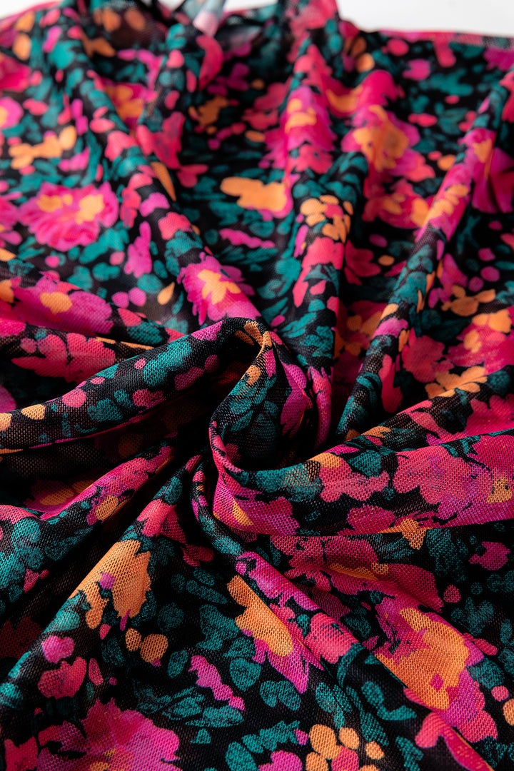 Pink Slim Fit Floral Mesh Long Sleeve Mock Neck Top