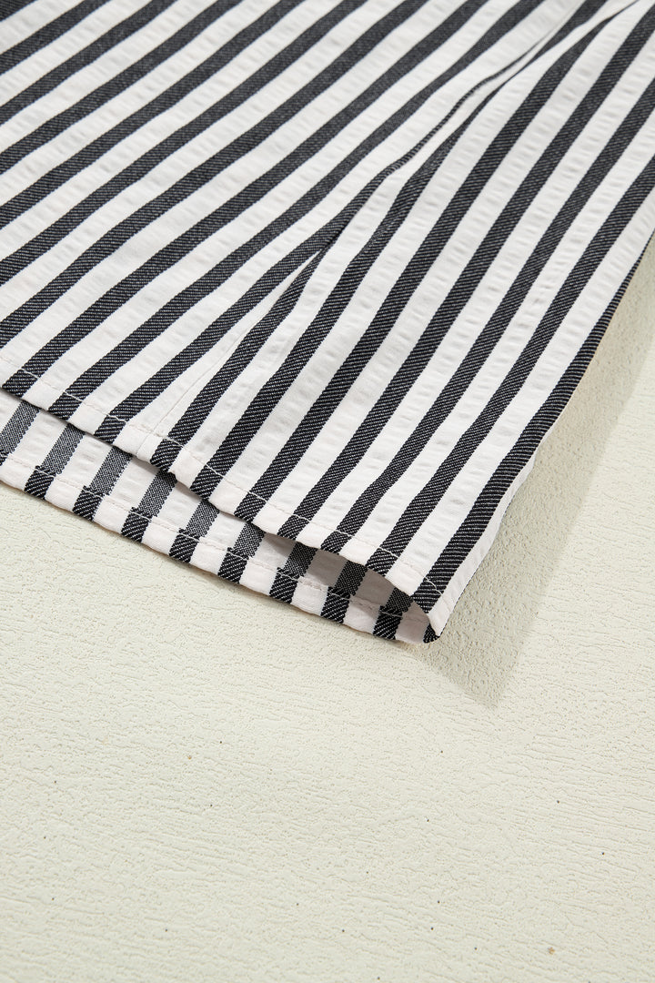 Black Stripe Collared Split Neck Short Bubble Sleeve Blouse