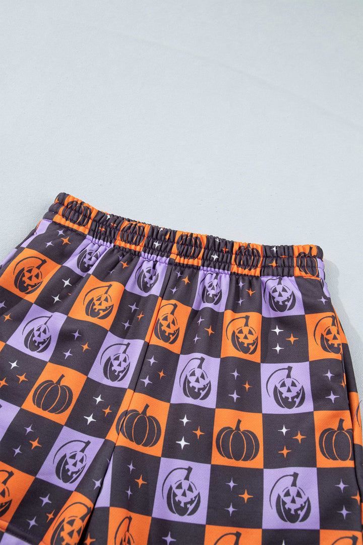 Orange Witch Letter Print Long Sleeve Top Checkered Elastic Waist Shorts Set