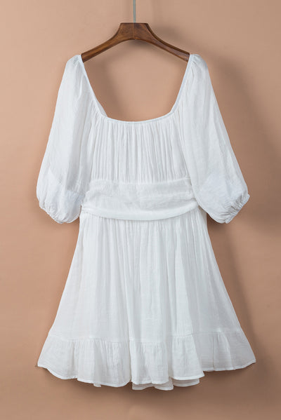 White Bow Knot Square Neck Ruffled High Waist Mini Dress