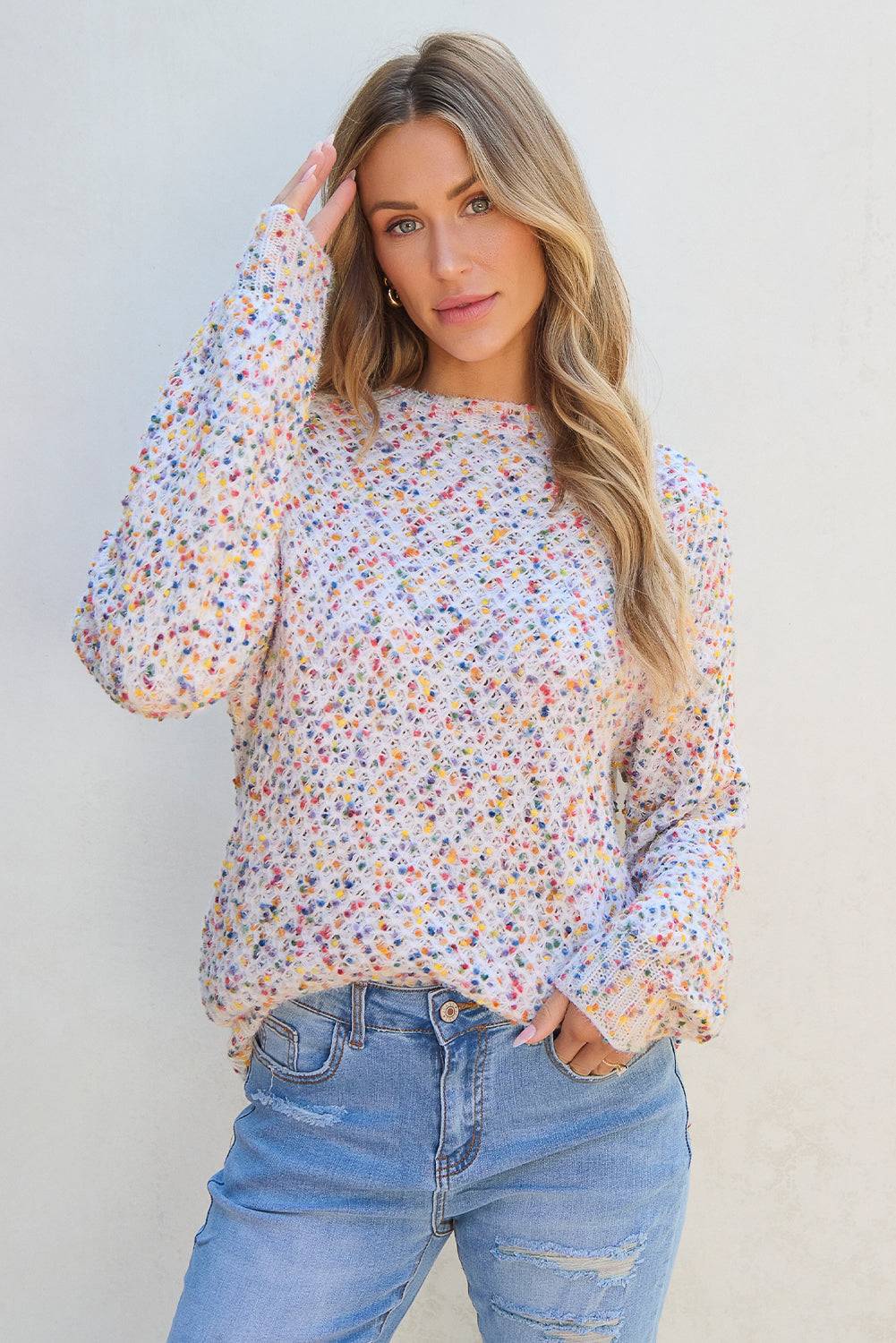 White confetti knit popcorn sweater top front view