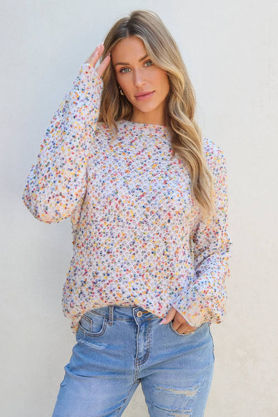 White confetti knit popcorn sweater top front view