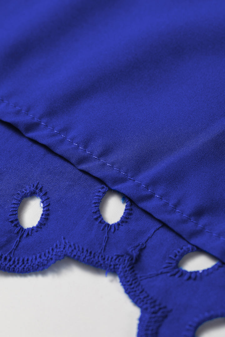 Dark Blue Solid Color Eyelet Embroidered T Shirt Mini Dress