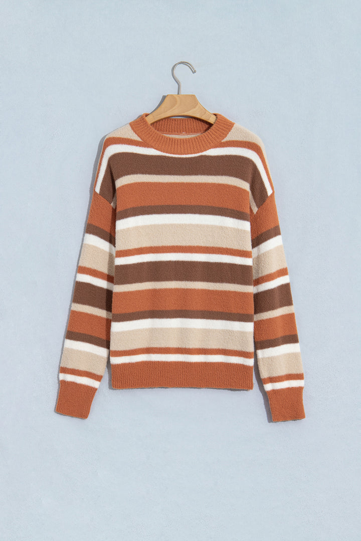 Orange Stripe Dropped Shoulder Loose Pullover Sweater