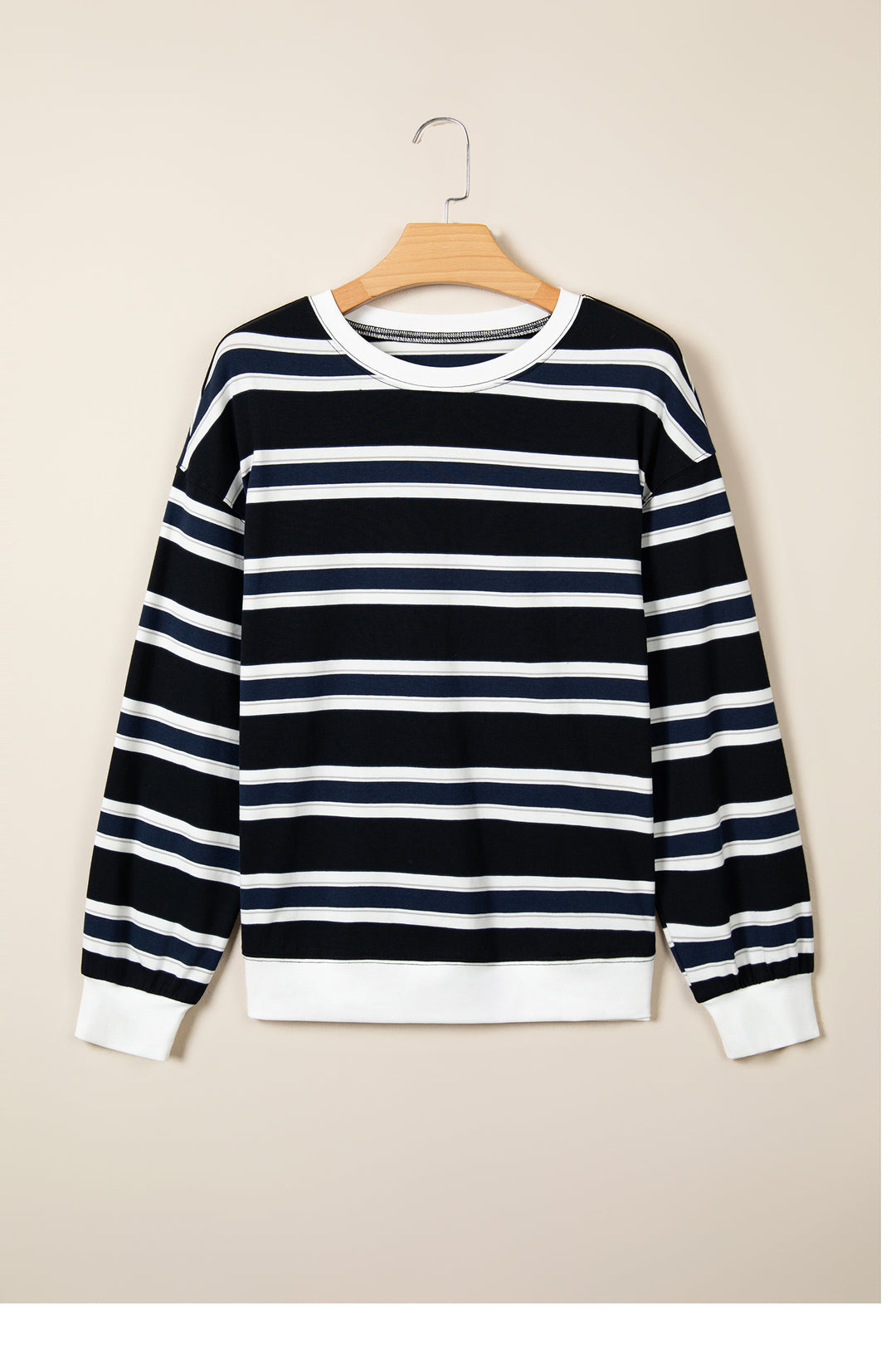 Blue Stripe Ribbed Color Block Trim Round Neck Dropped Shoulder Sweatshirt