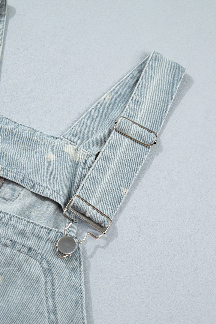 Sky Blue Retro Wash Denim Floral Print Overall Mini Dress
