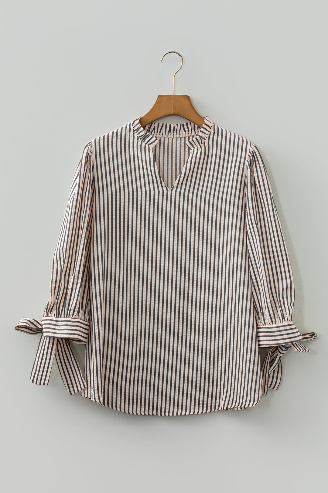 Black Stripe Knotted Cuff Long Sleeve V Neck Blouse