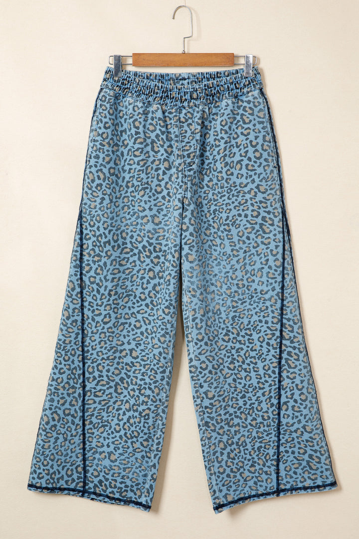 Blue Leopard Print Exposed Seam Detail Wide Leg Drawstring Jeans