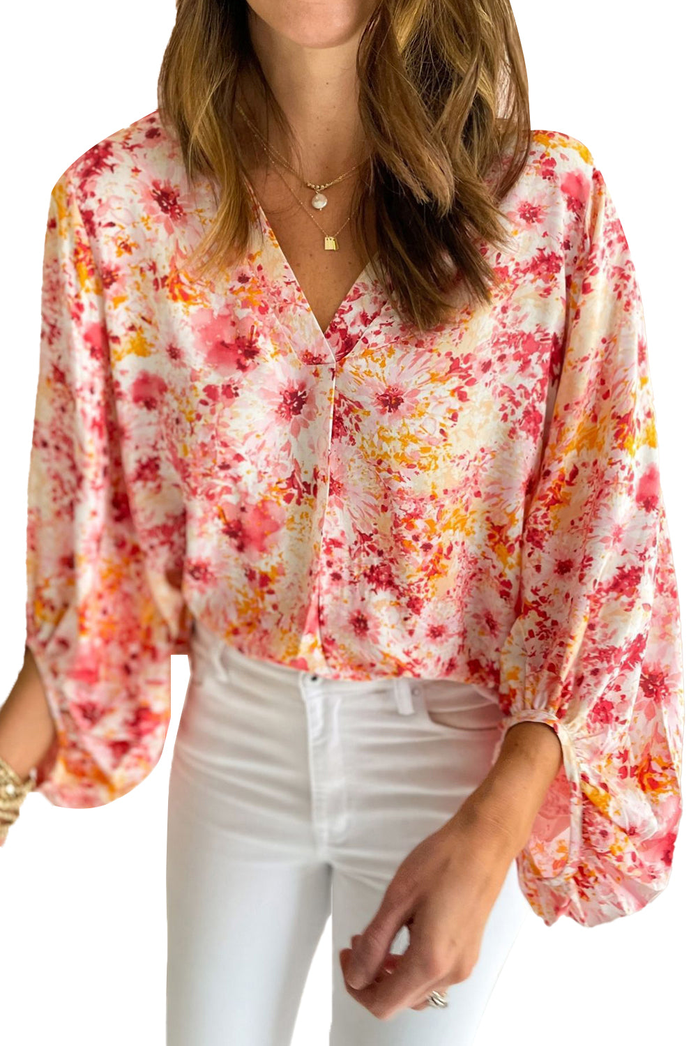 Pink Ditsy Floral Bubble Sleeve V Neck Blouse