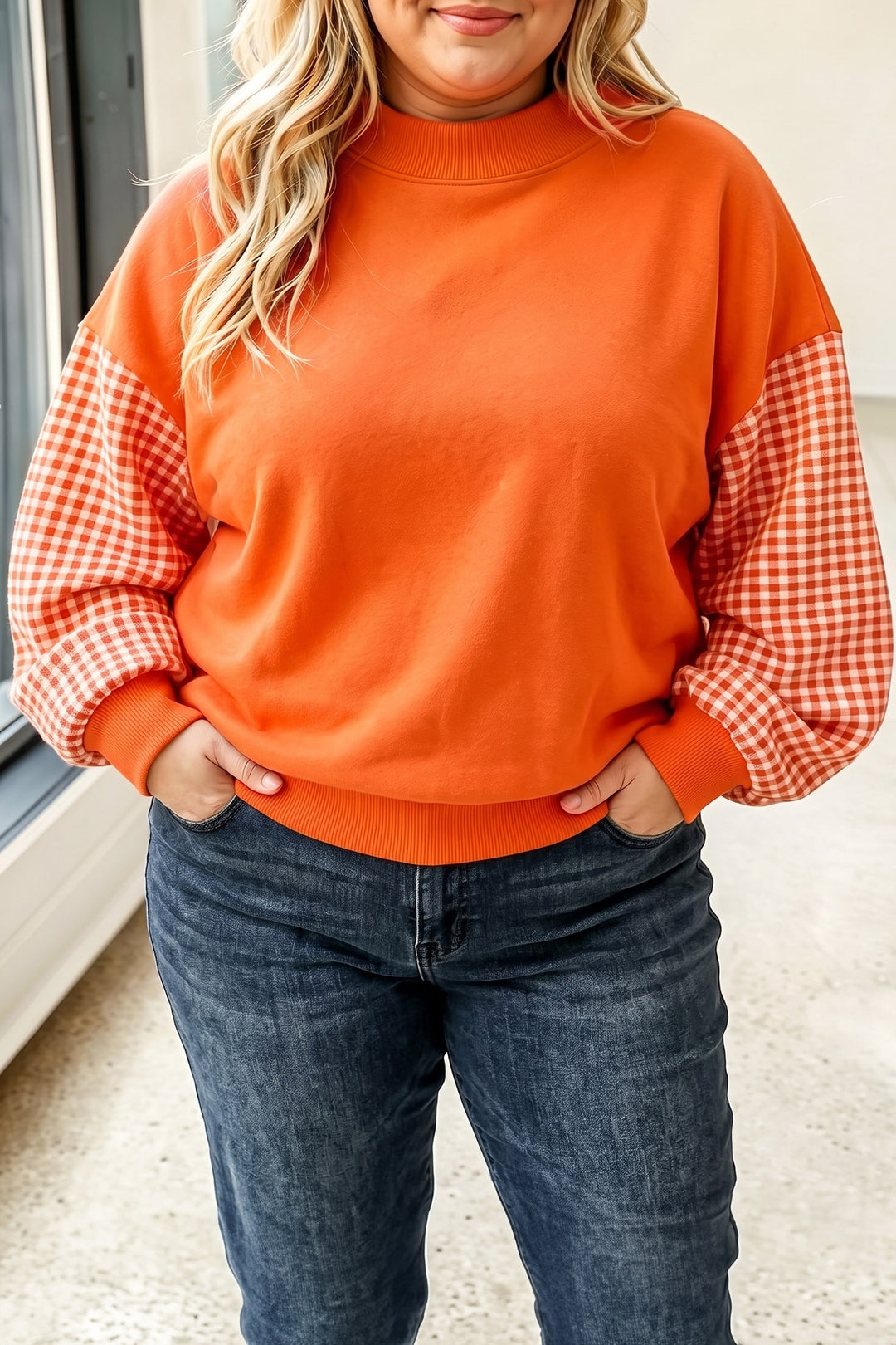 Fiery Red Patchwork Plaid Loose Fit Long Sleeve Plus Size Sweatshirt