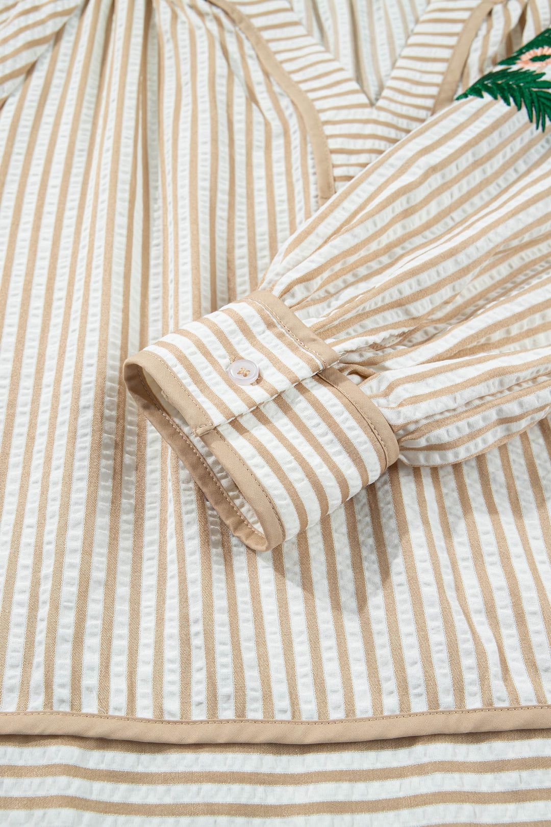 Khaki Stripe V Neck Floral Embroidered Long Sleeve Blouse