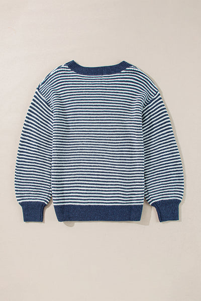 Sail Blue Striped Lantern Sleeve Drop Shoulder Cozy Sweater