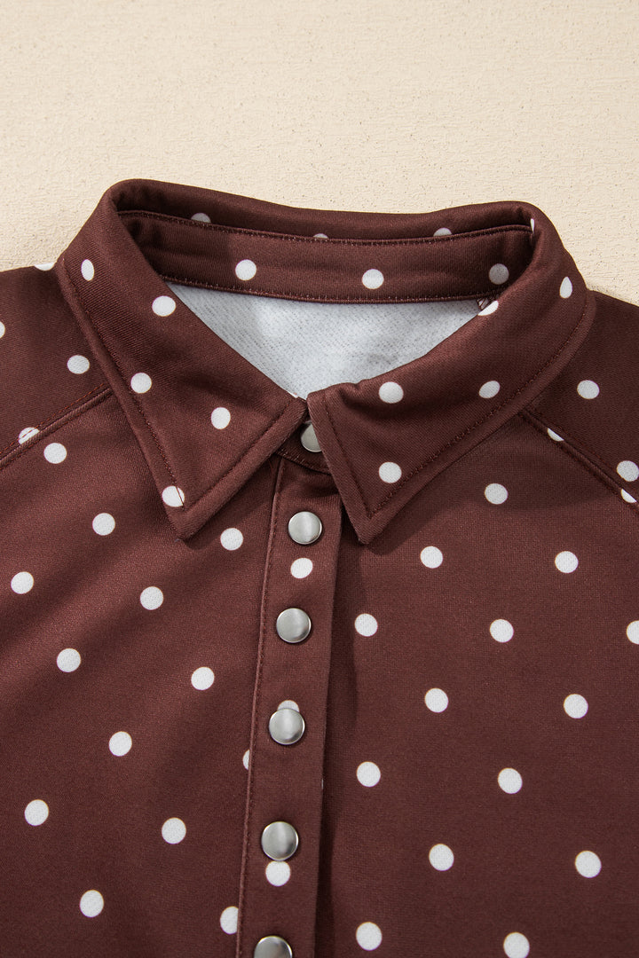 Pink Polka Dot Print Metal Button Collar Casual Pullover Sweatshirt